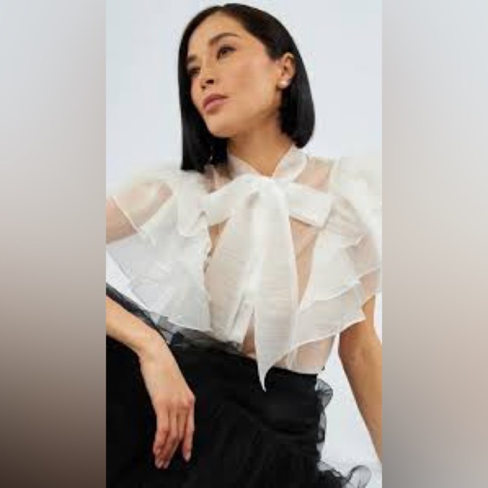 WoWo Sheer White Ruffle Sleeve Blouse Bow Tie Neck Size 1XL NWT